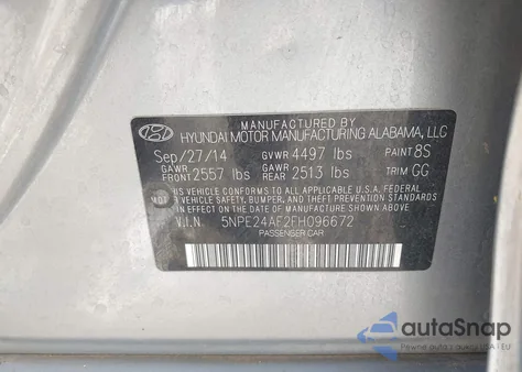 2015 Hyundai Sonata Se from USA, damaged, VIN 5NPE24AF2FH096672